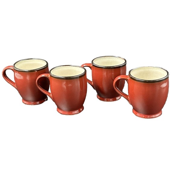 Pier 1 Hand Painted Stoneware Colored Rim Crimson Coffee Mugs Set of 4 Mugs - Picture 3 of 7